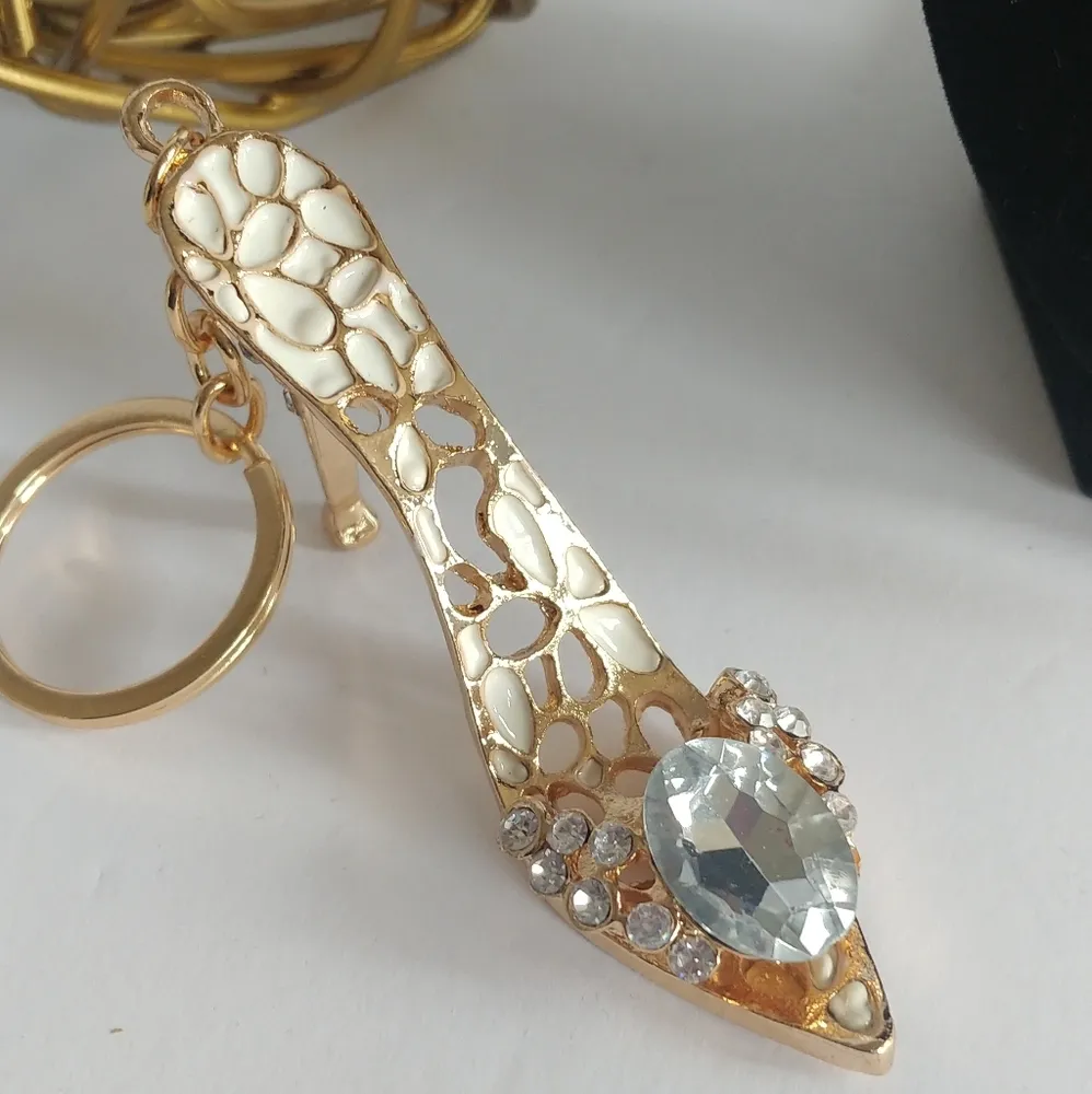 Glam Crystal High Heel Shoe keychain Purse Charm Gold - Image 2