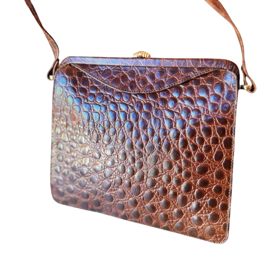 Jill Stuart Vintage Croc Embossed Leather Crossbody Bag Made Italy Brown 9x8x2 - Image 4