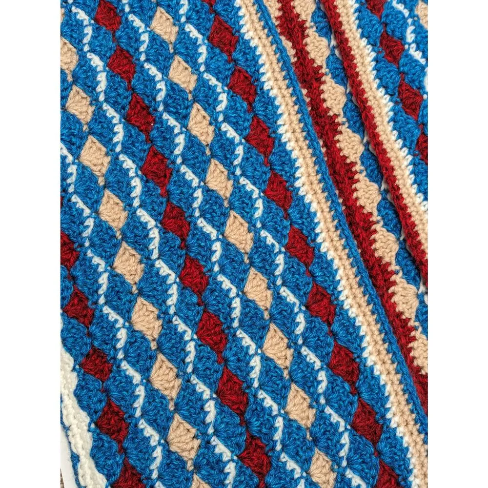 Vintage Handmade Chunky Knit Cardigan Sweater Blue Red Grannycore Crochet Afghan Size L - Image 4