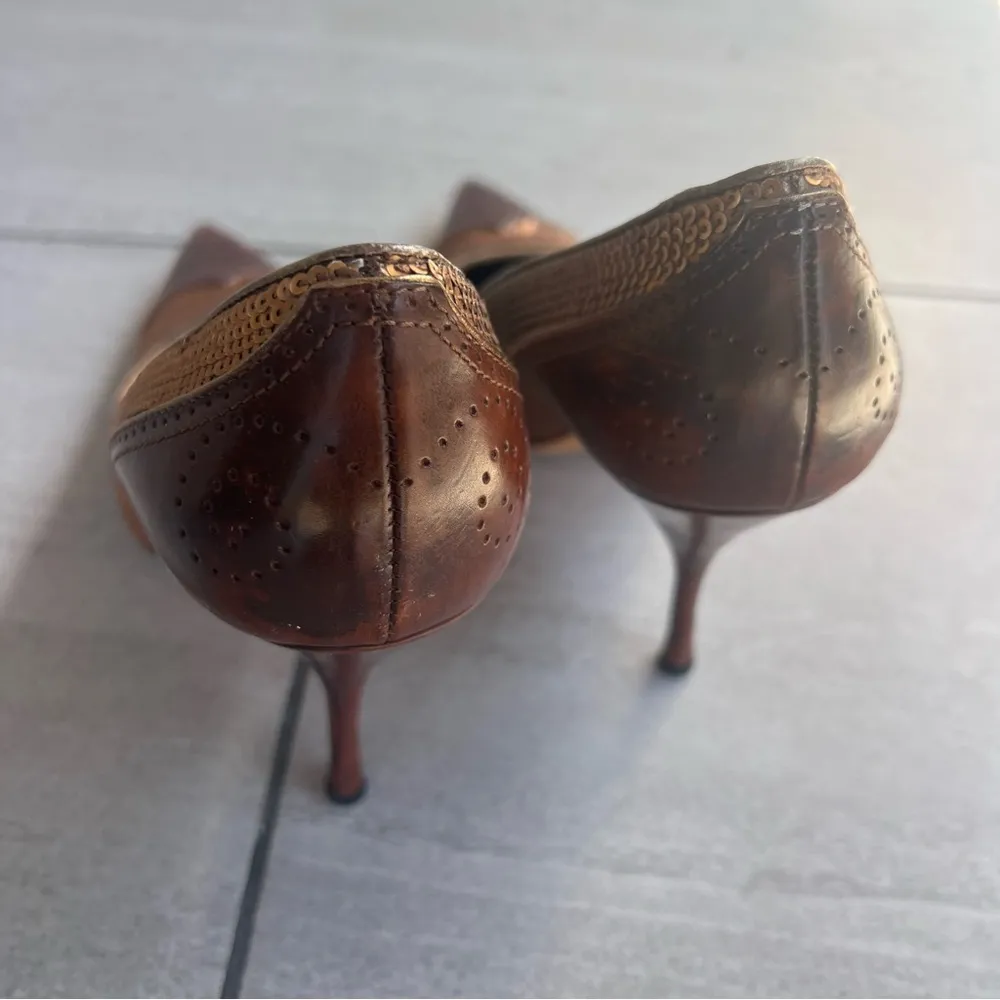 Vintage Prada Pointed Toe Sequin Gold Brown Leather Heels - Image 9