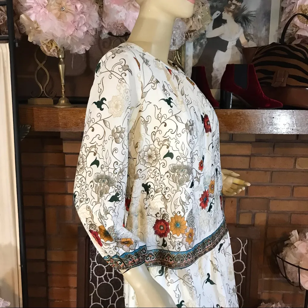 VINTAGE 1980'S UNION MADE CREAM, ORANGE & TEAL FLORAL PRINT POP OVER DRESS (M) Multiple Size M - Image 7