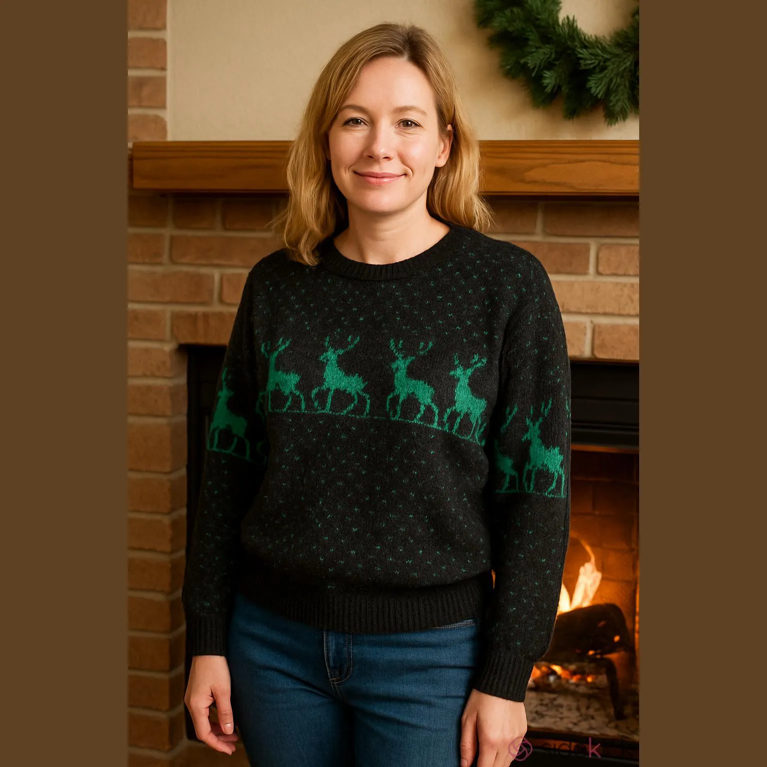 Vintage Christmas Sweater Ski Sweater Black Green Reindeer 70s 80s unisex - Image 2