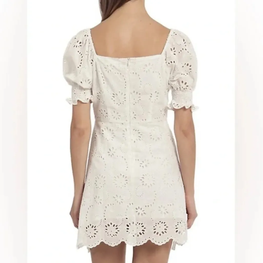 7 For All Mankind White Eyelet Lace Puff Sleeve Babydoll Mini Dress size Medium - Image 3