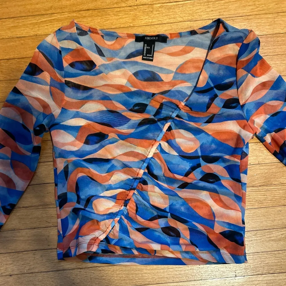 Forever 21 Long Sleeved Mesh Shirt, Ruching on Front, Slightly Cropped, Small - Image 2