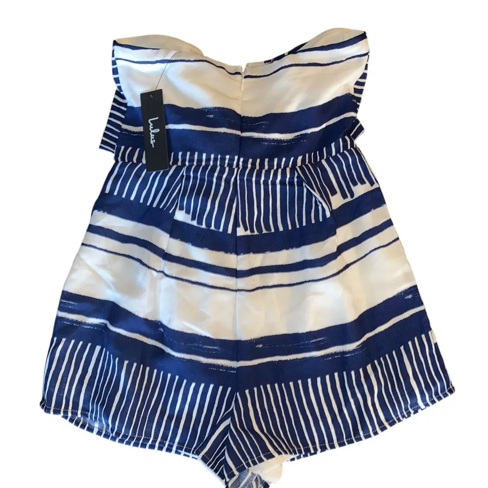 Lulus New Delphi Blue and White Striped Tie-Front Strapless Romper sz S - Image 9