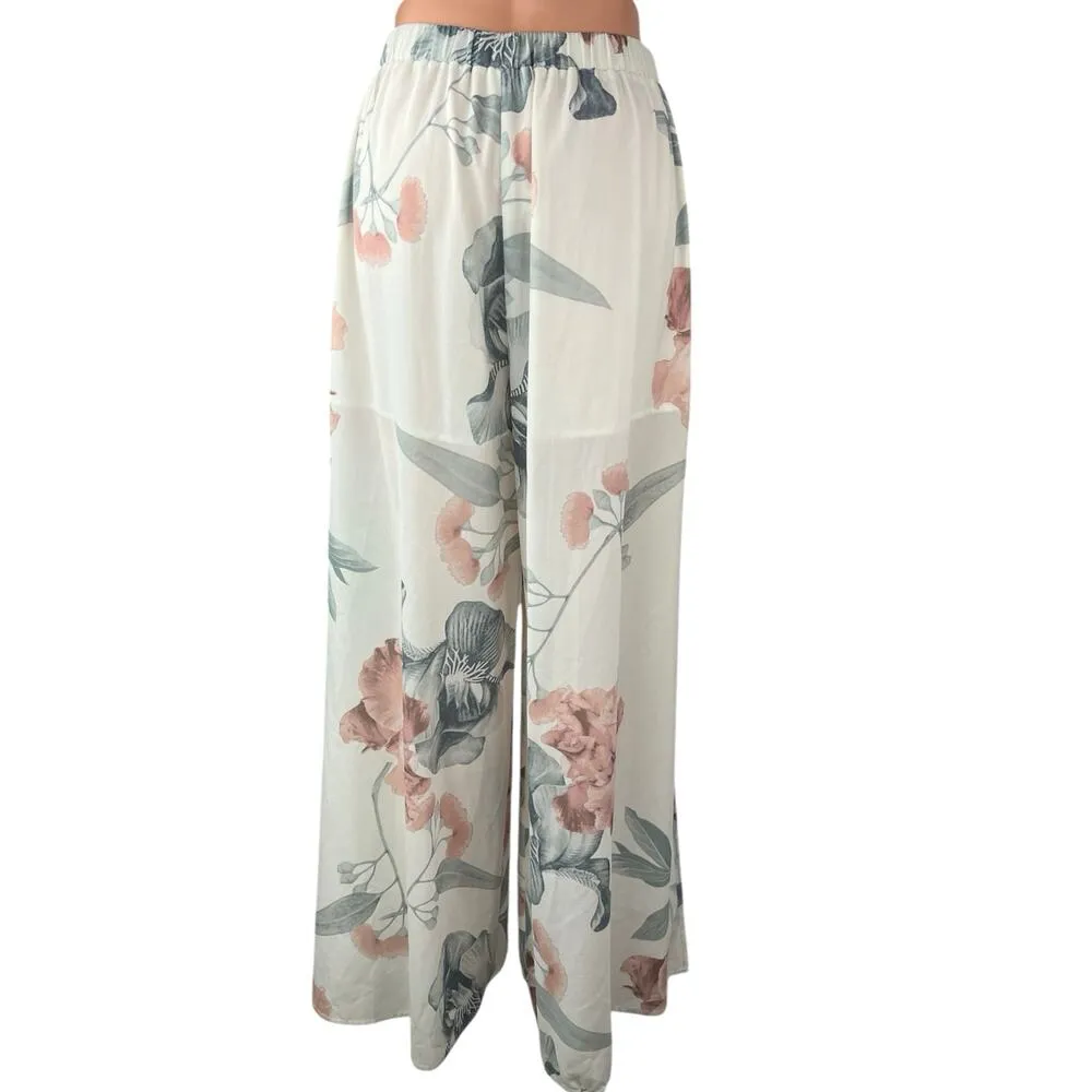 L'atiste White Multicolor Floral Wide Leg High Waist Trousers Coverup Pants S - Image 3