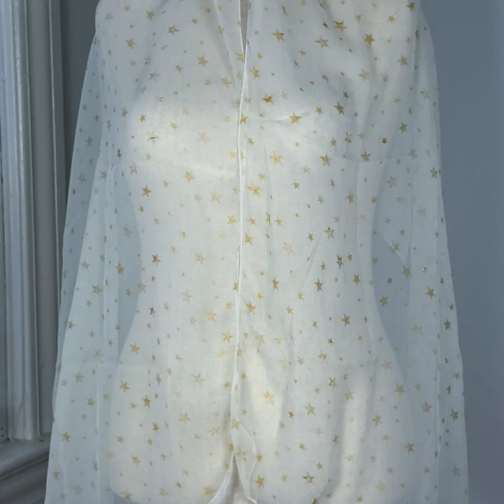 White Chiffon Sheer Scarf With Gold Sparkly Stars Boho Angel Glitter - Image 4