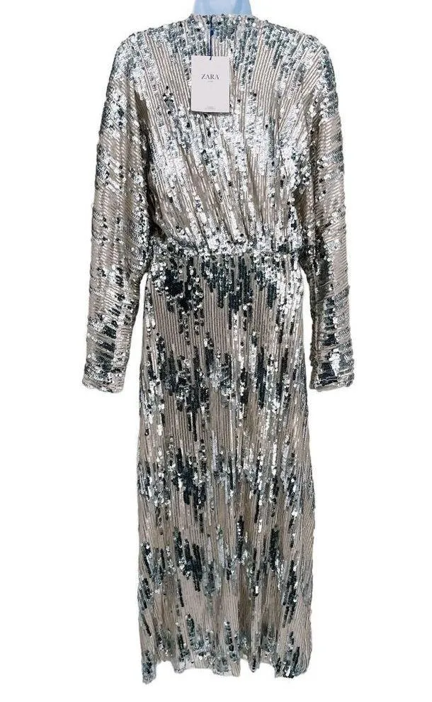 Zara Silver Sequin Maxi Dress Dolman Long Sleeve Metallic Blogger Fave Small - Image 5