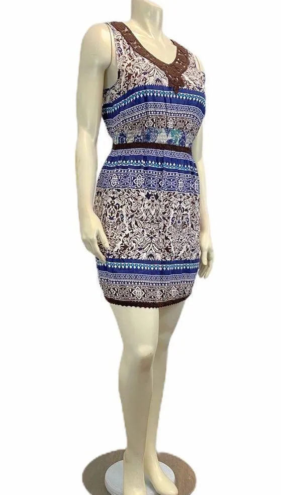 LOTS OF LOVE Women’s Sz XL Sleeveless Empire Waist Blue Brown White Geo Dress - Image 2