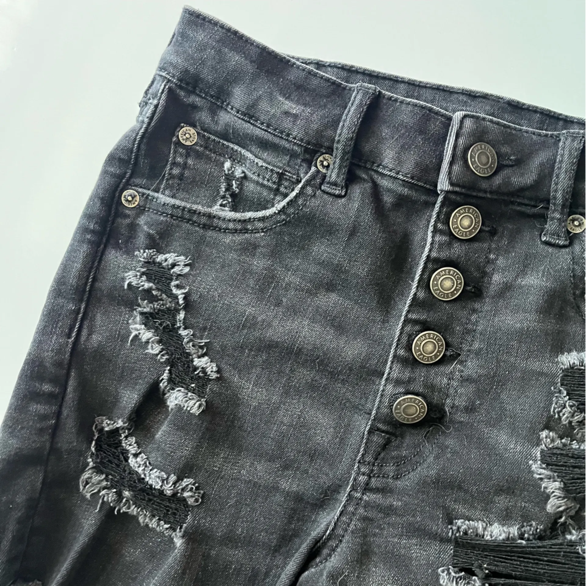 American Eagle • Distressed Washed Black Button Fly Super High Rise Shorties - Image 3