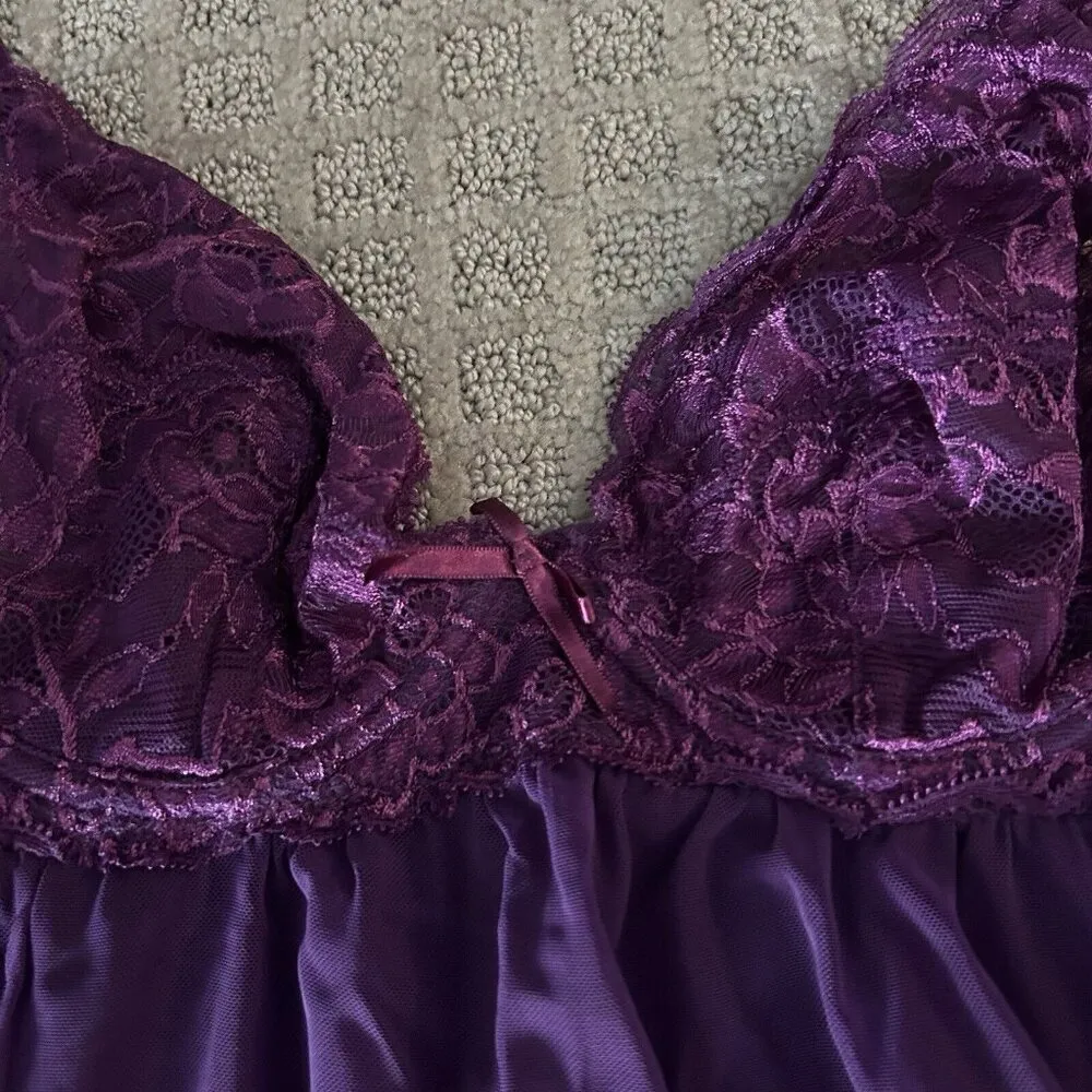 Inner Secrets Vintage Purple Mesh Ribbon Lace Nightgown Nightie Cami Womens M Size M - Image 2