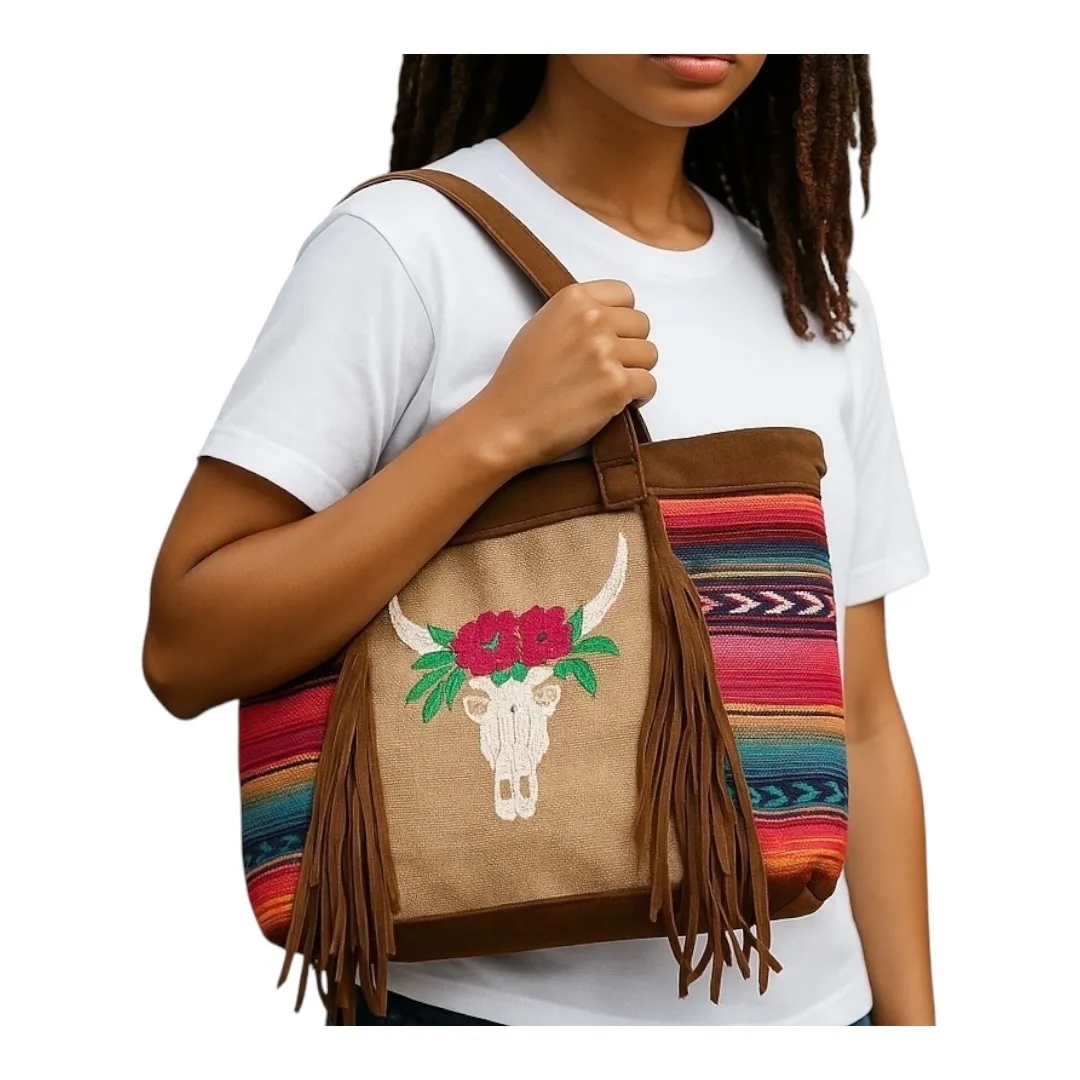 Boho Leather Serape Tote Bag‎ Cow Skull Embroidered Fringe Shoulder Bag Large Brown - Image 15