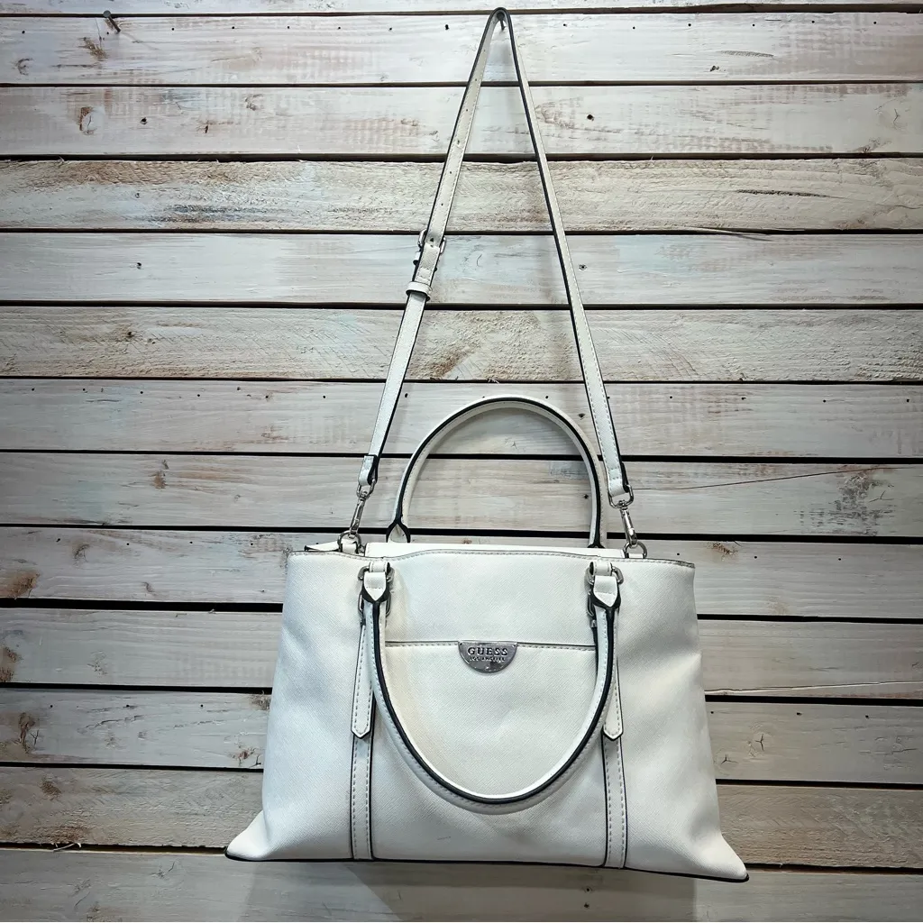 Guess White Saffiano Faux Leather Satchel Handbag W/Crossbody Strap 14" x 8.5" - Image 8