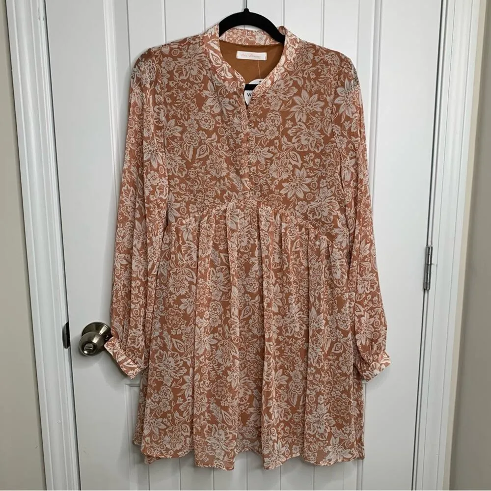 Ces Femme bohemian floral long sleeves autumn chiffon‎ tunic Orange - Image 2
