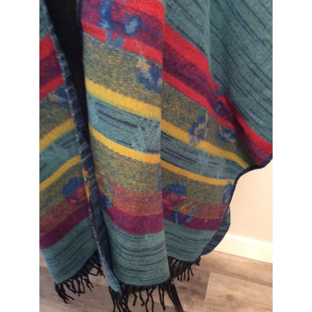 Women's Floral Tassel Poncho Shawl Wrap Cape Blue One Size Size L - Image 4