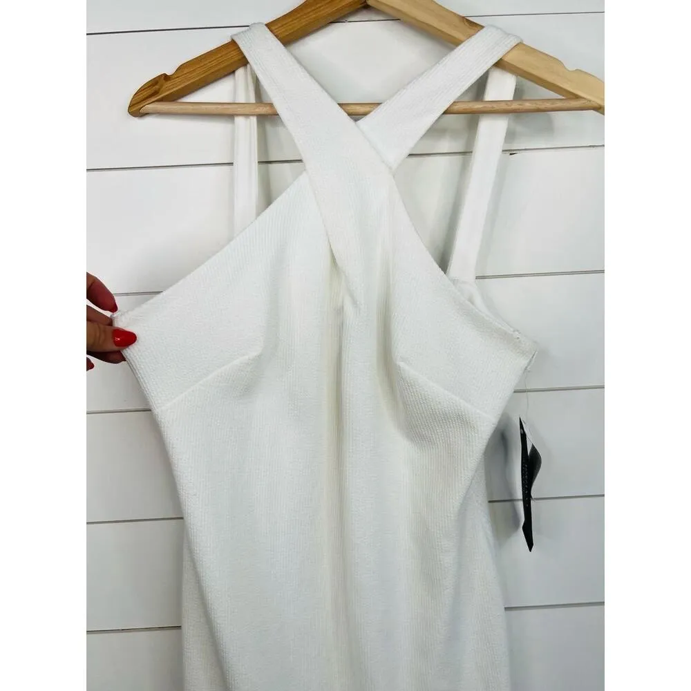 Adrianna Papell White Sleeveless Halter Neck Fringe Trim Dress Bodycon Size US 8 - Image 5