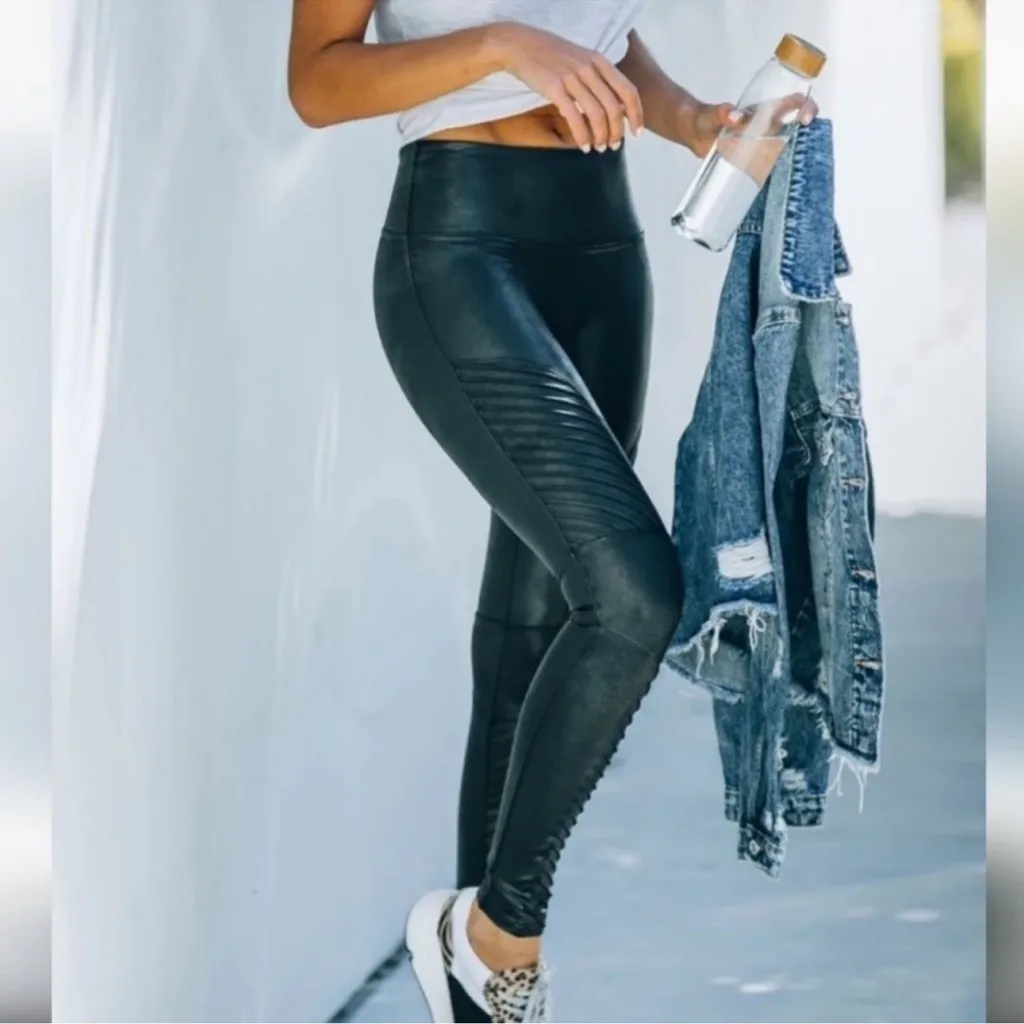Spanx Faux Leather Moto Size S Flattering Shaping Leggings Very Black Minimalist - Image 2