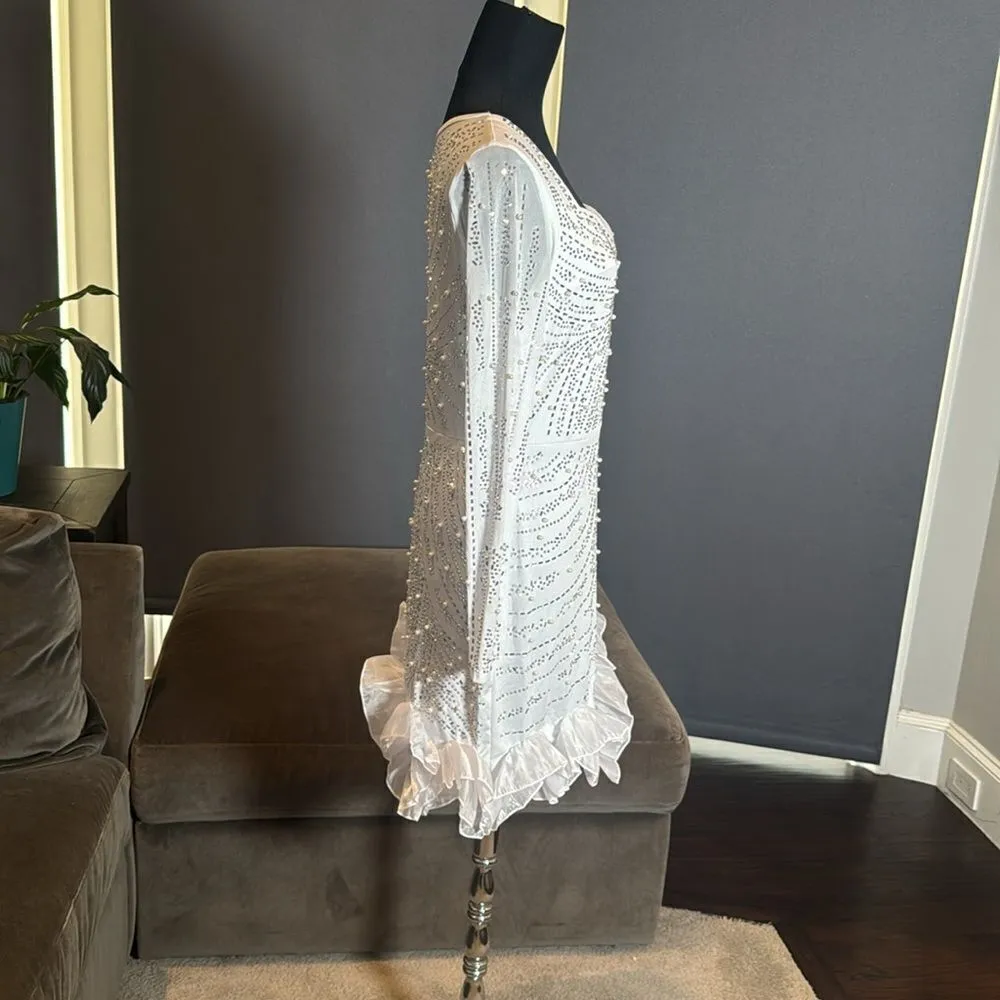 Short White Sparkly BodyCon Party Dress Long Sleeve Ruffle Hem Size L NWOT Size L - Image 5