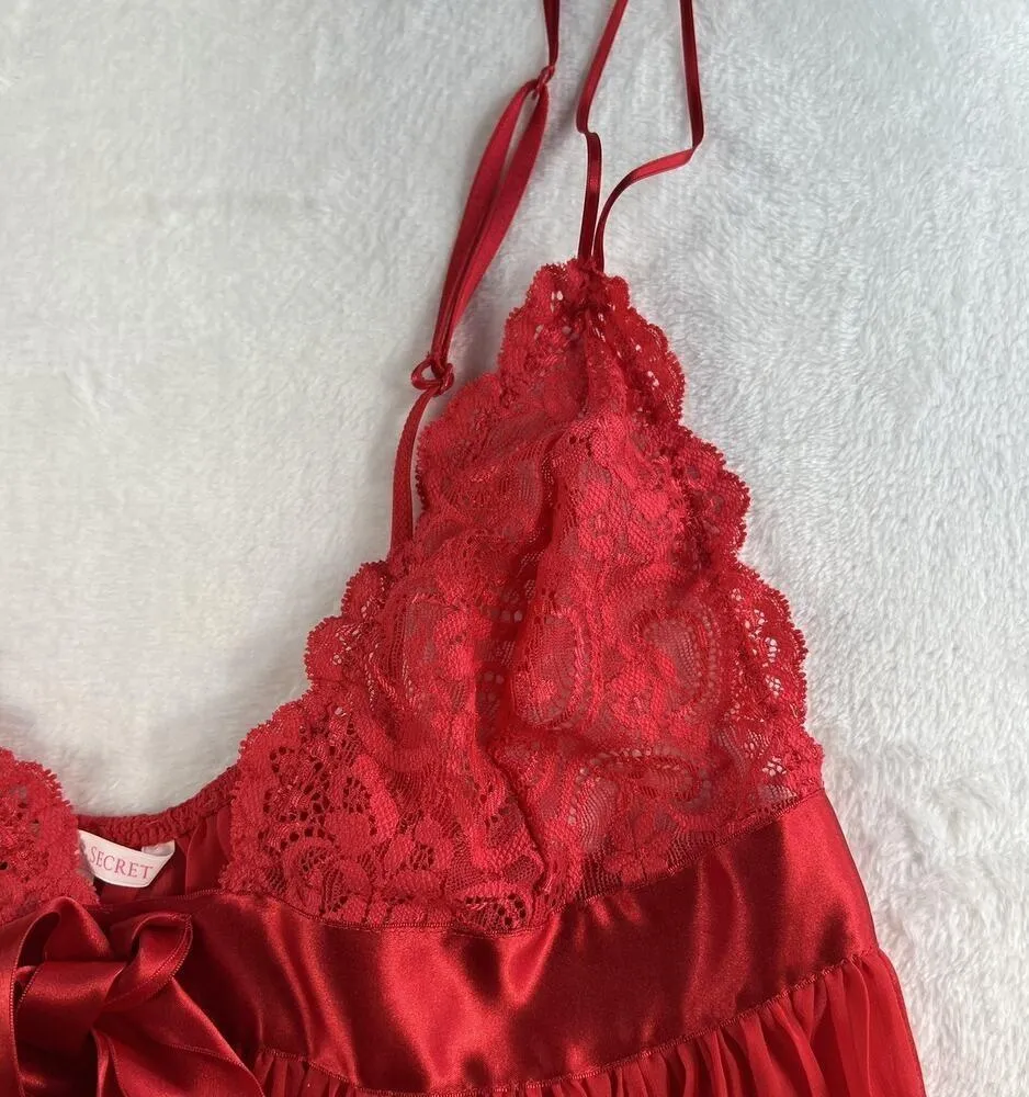 Victoria's Secret Babydoll L Large Cami Top Lace Pleated Lingerie Satin Bow Red - Image 5