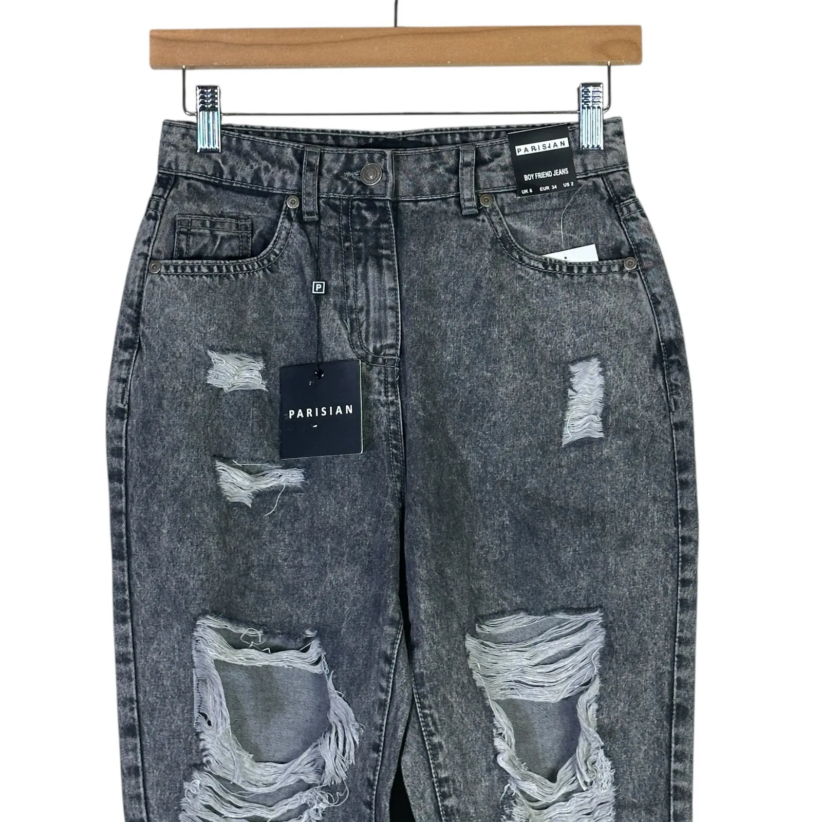 NWT Parisian Distressed Mom Jeans Womens 6 Gray High Rise Ripped Y2K Grunge - Image 7