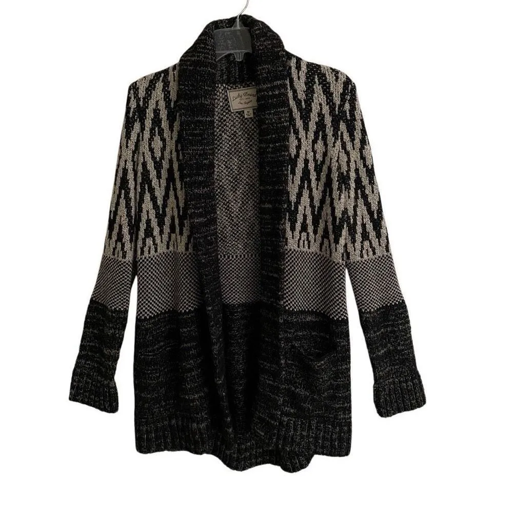 Lucky Brand Stargazer Chevron wool blend open long cardigan women’s M black gray - Image 3
