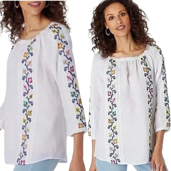 J. Jill Love Linen 3/4 Sleeve Floral Embroidered Blouse Top Women's XS White - Image 2