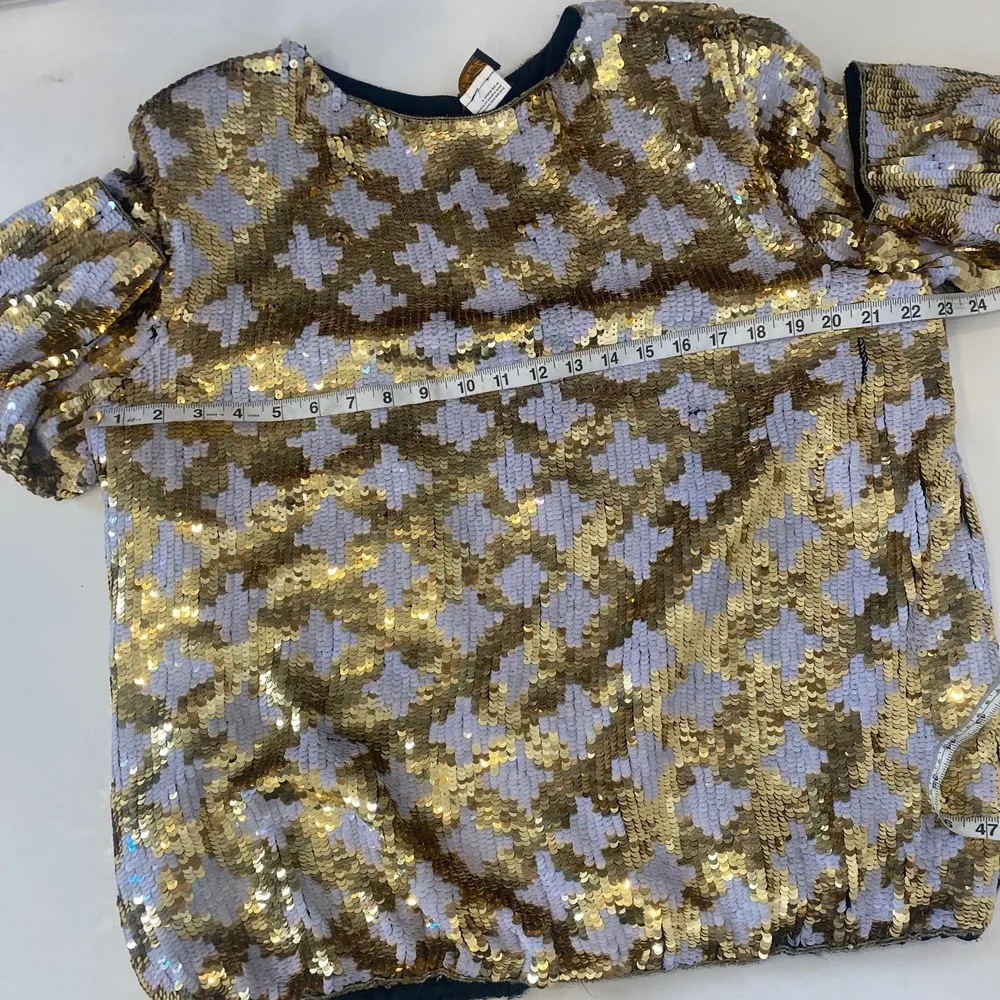 Vintage Eve’s Allure Gold Metallic & Iridescent White Sequin Silk Blouse Size M Size M - Image 13