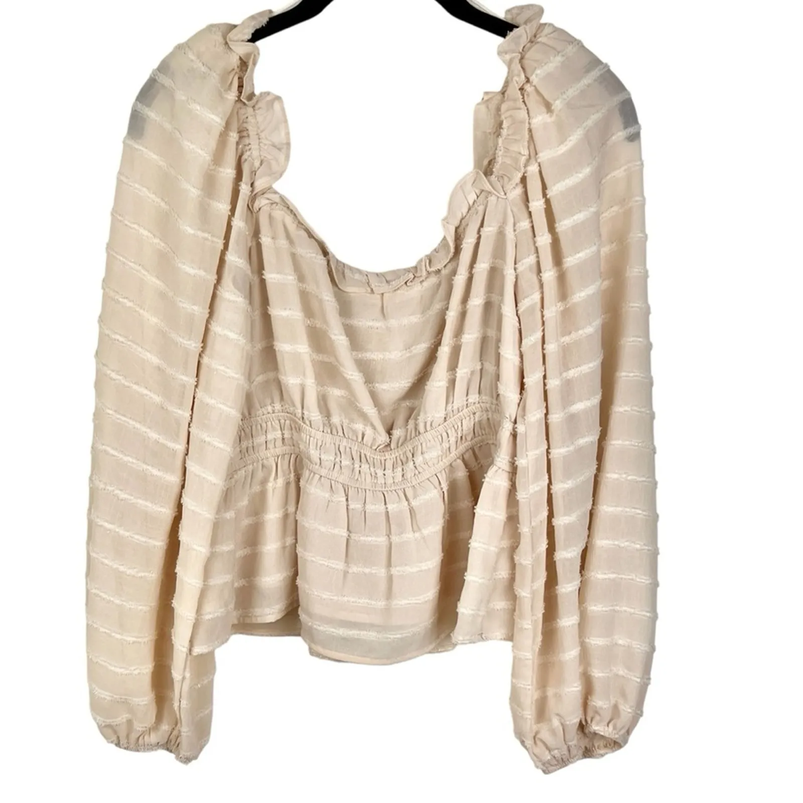NEW ASTR The Label Cream Sweetheart Long Sleeve Ruffle Blouse M Shimmer Romantic - Image 10