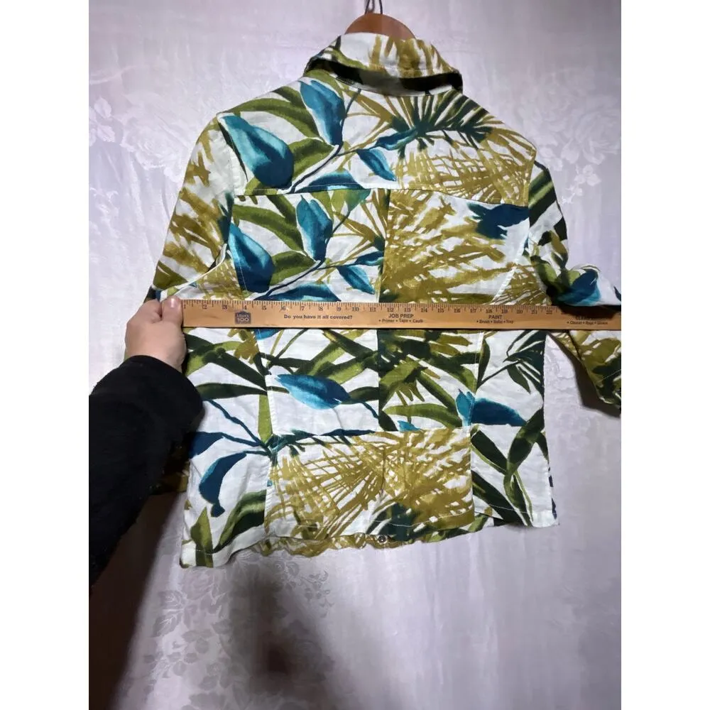 Chicos 100% Linen Jacket 2 Large 12 14 Cream Green Palm Leaves Tropical Hawaiian - Image 9