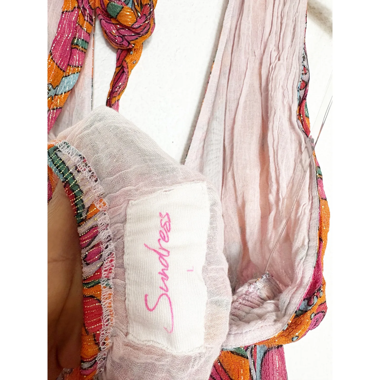 Sundress Amina Dress Size Large Fuchsia orange Print Halter Neck Asymmetric Hem - Image 6