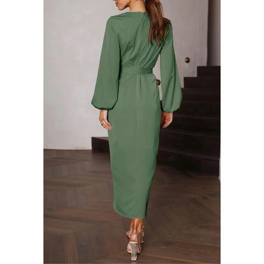 NEW Midi Satin Puff Sleeve Wrap V Neck Dress XL NO BELT - Image 3