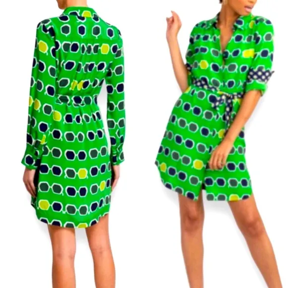 TRINA TURK Shirt Dress Redondo Sunglasses Print 100% Silk Green Navy Belted Med - Image 2
