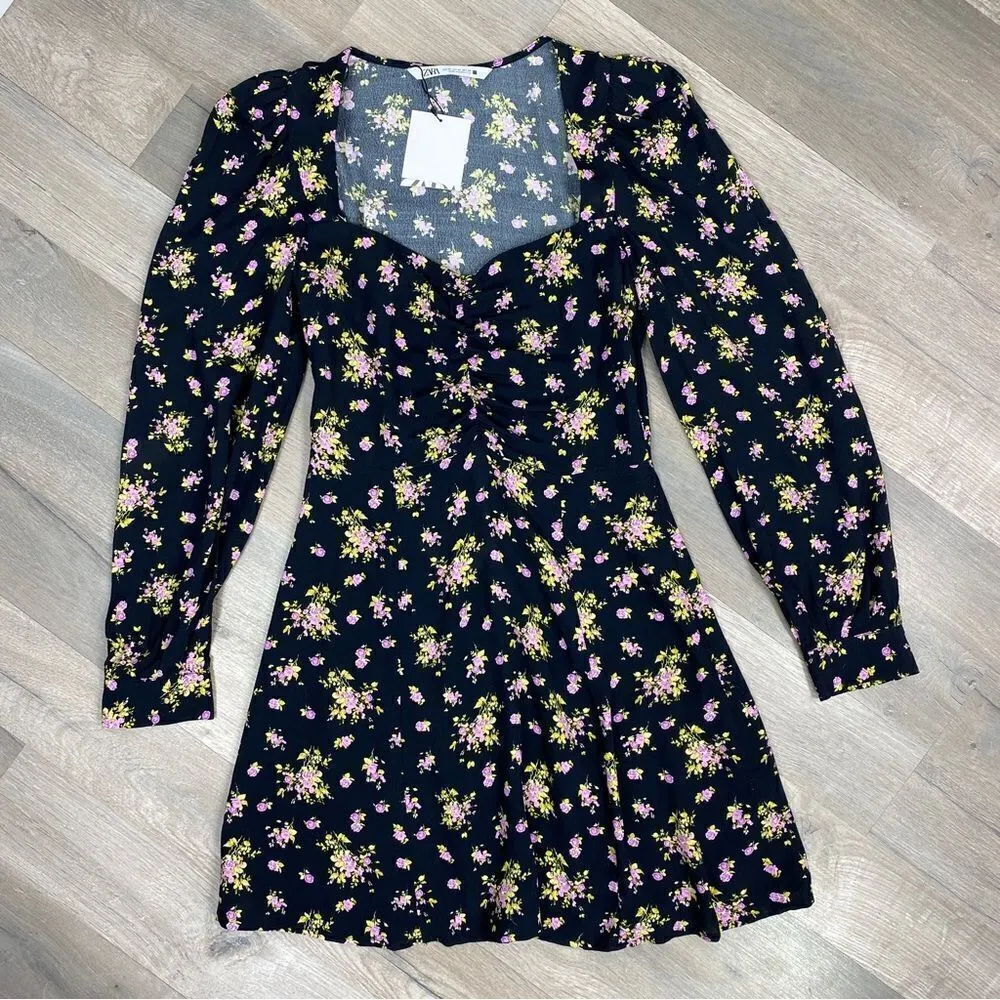 Zara Floral Print Lavender Roses Mini Dress Black Purple XS - Image 14