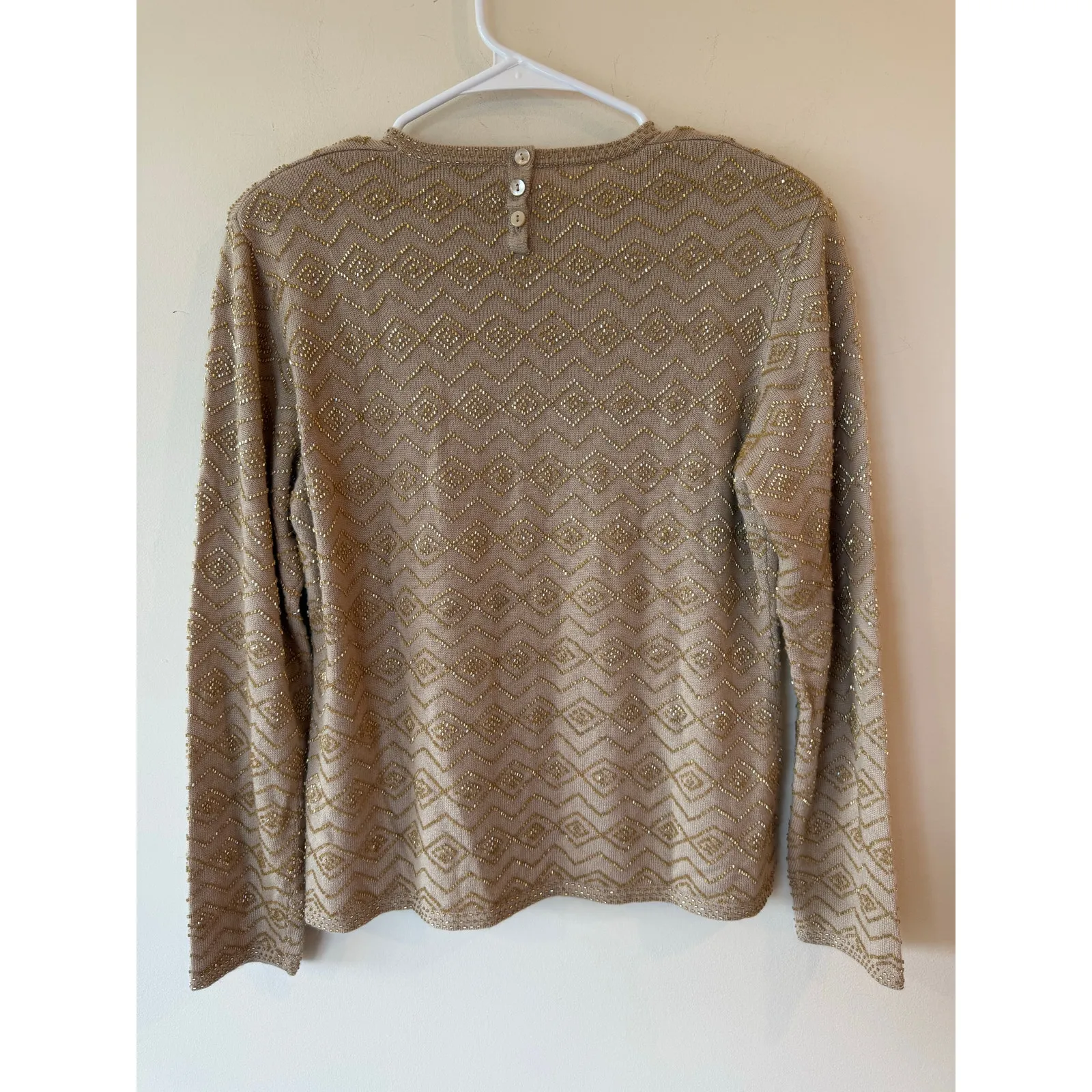 Carlisle Vintage Gold Silk Cashmere Beaded Sweater neck button long sleeve large - Image 2