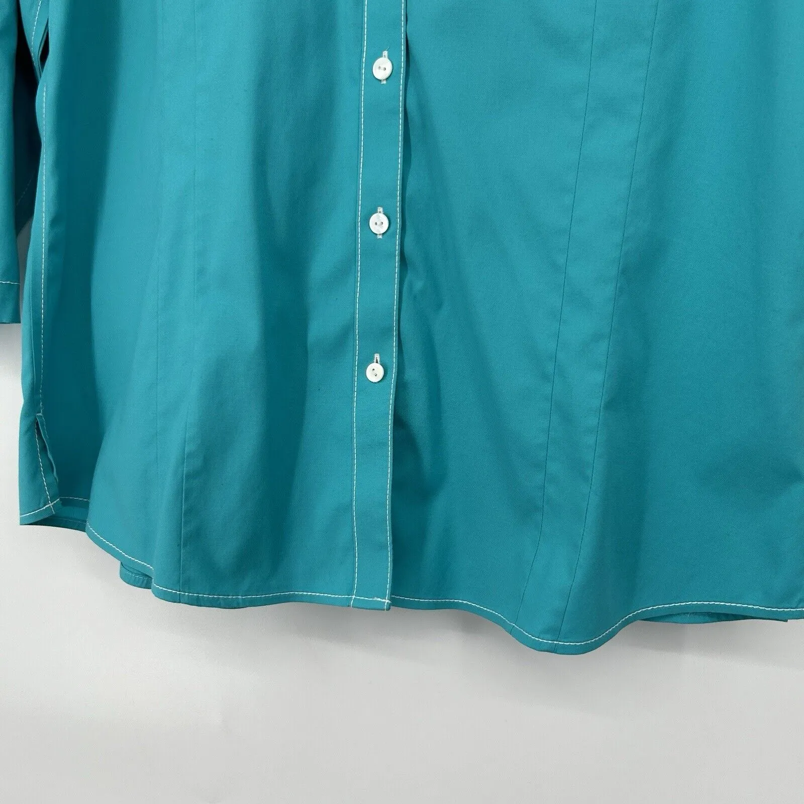 Foxcroft Non Iron Button Up Shirt Fitted Fit Blue 3/4 Roll Tab Sleeves Size 14 - Image 5