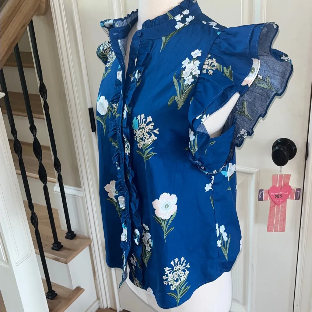 Sugarlips Avara Anita Top Blue Cotton Floral Blouse Flutter Sleeve New - Image 6