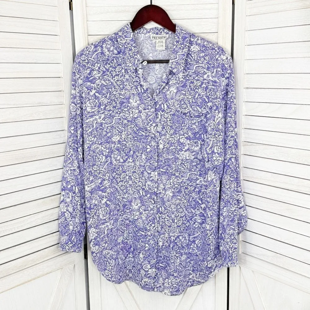 Premiere Vintage Floral Oversized Shirt Button Up Purple White Size 8 Boyfriend - Image 8