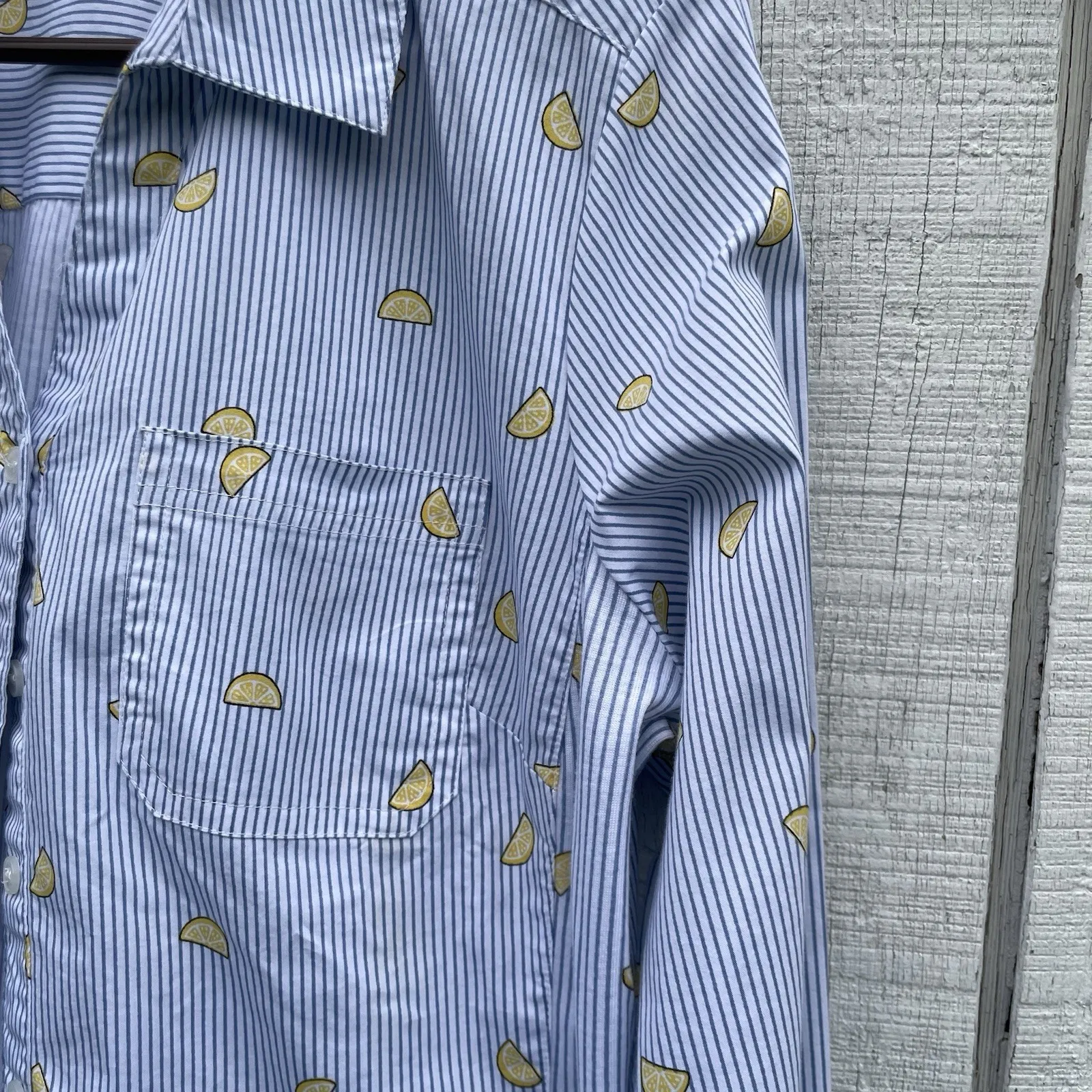 Emily Daniel's‎ Blue White Striped Lemon Print Buttondown Shirt Large L - Image 2