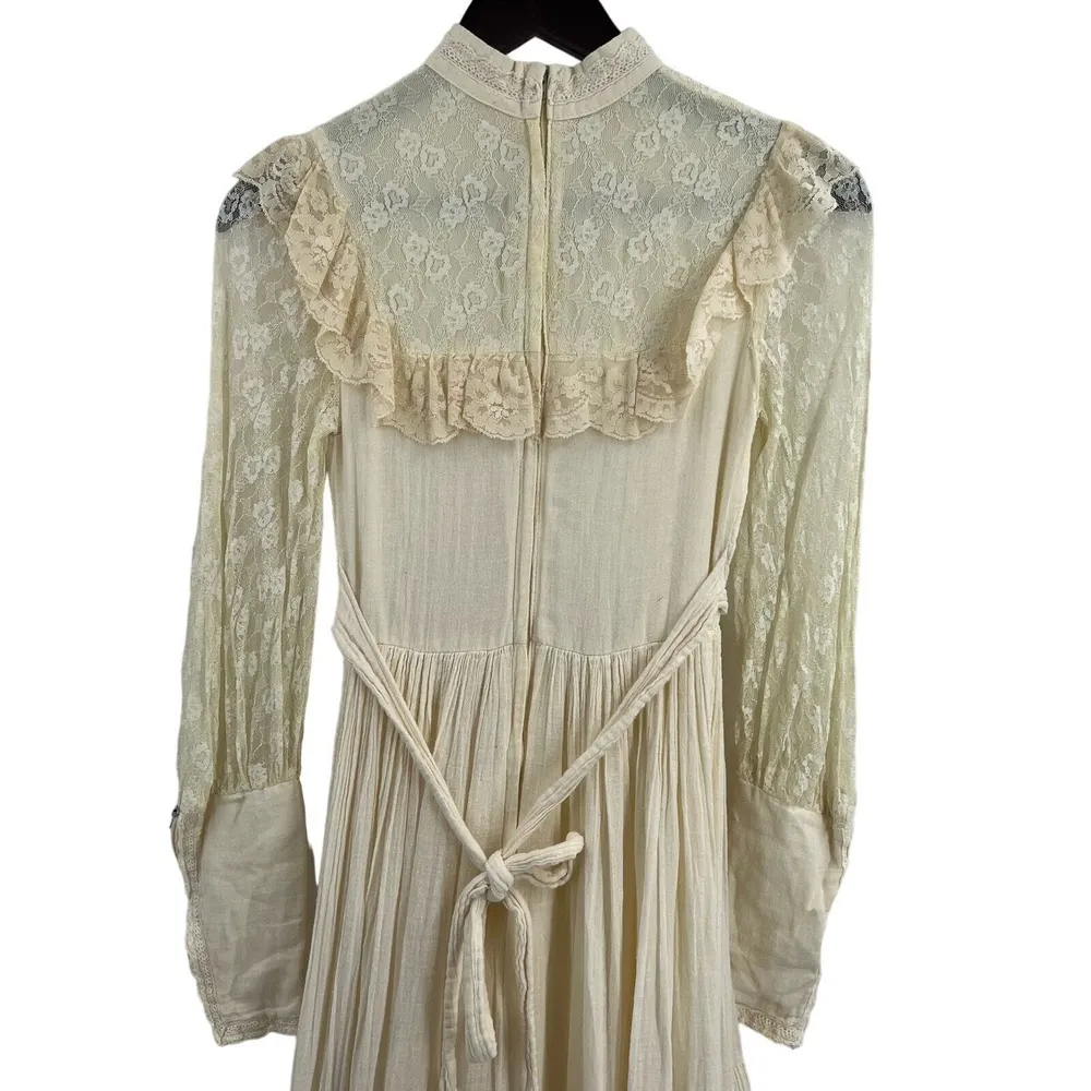 Gunne Sax Dress Vintage 70s Prairie Wedding Cream Lace Gauze Coquette Long Maxi - Image 11