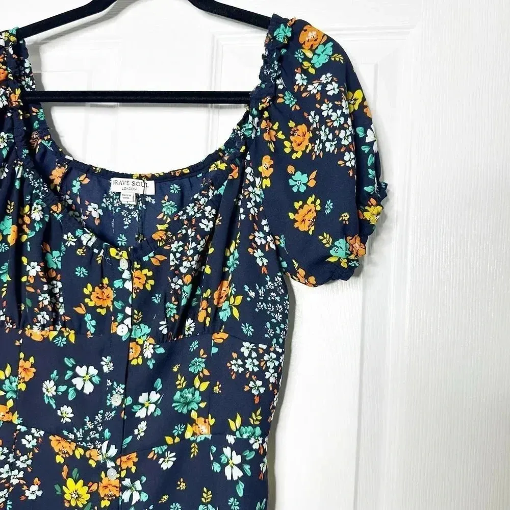 BRAVE SOUL LONDON Womens Large Navy Ditsy Floral Button‎ Front Mini Dress Blue - Image 3
