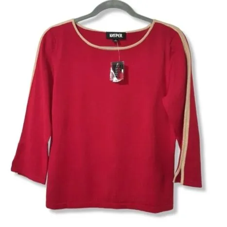 Kasper Stretchy Crop Sweater Knitted Top Red with Tan Accent 3/4 Sleeve Size M - Image 13
