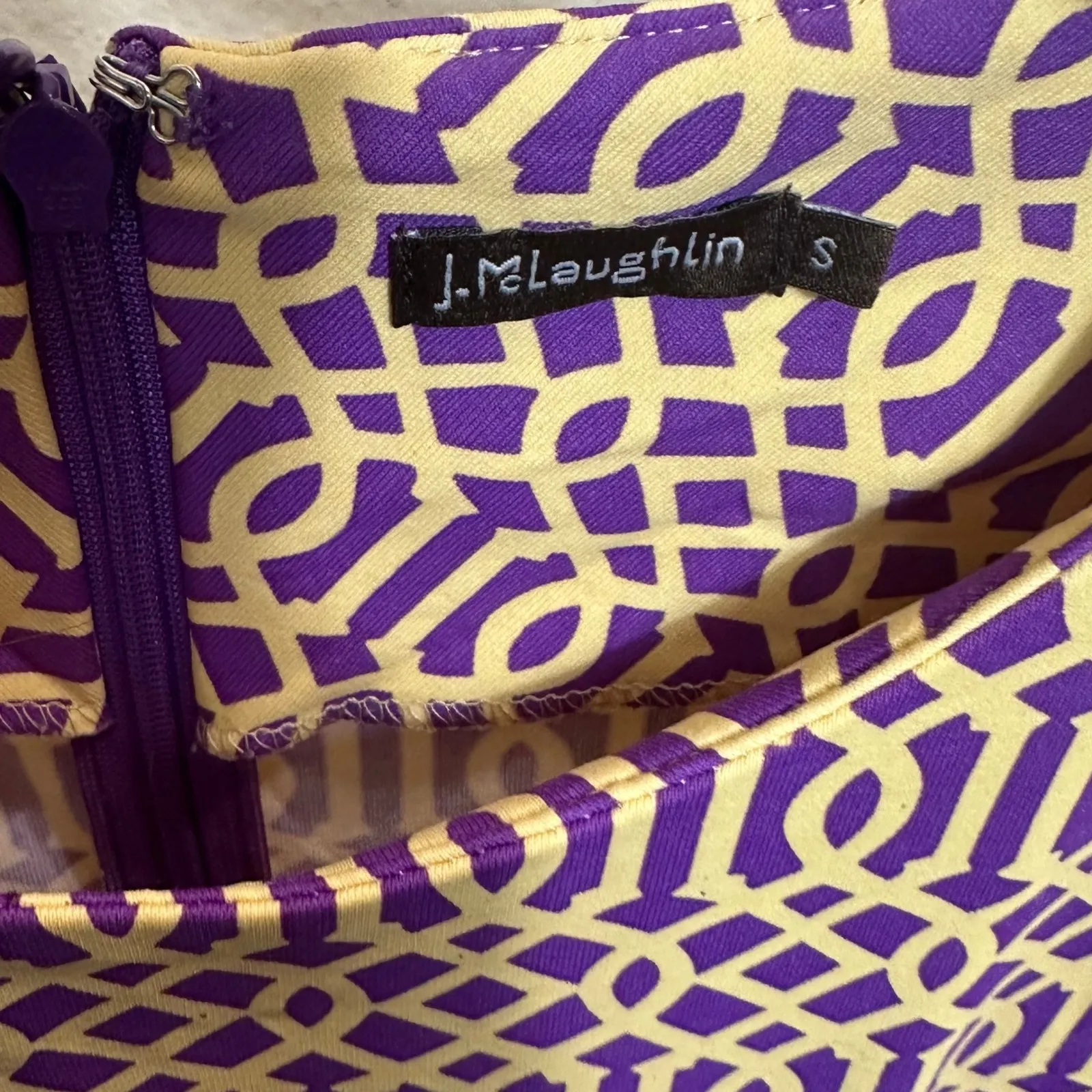 J. McLaughlin Catalina Cloth Sheath Dress 3/4 Sleeve Small Geometric PurpleCream - Image 7