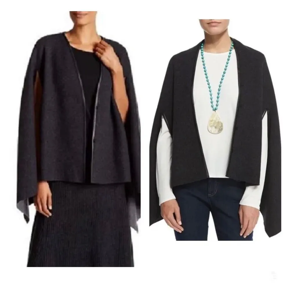 Eileen Fisher Felted Merino Wool Snap Front Cape With 100% Leather Trim Sz S/M - Image 2