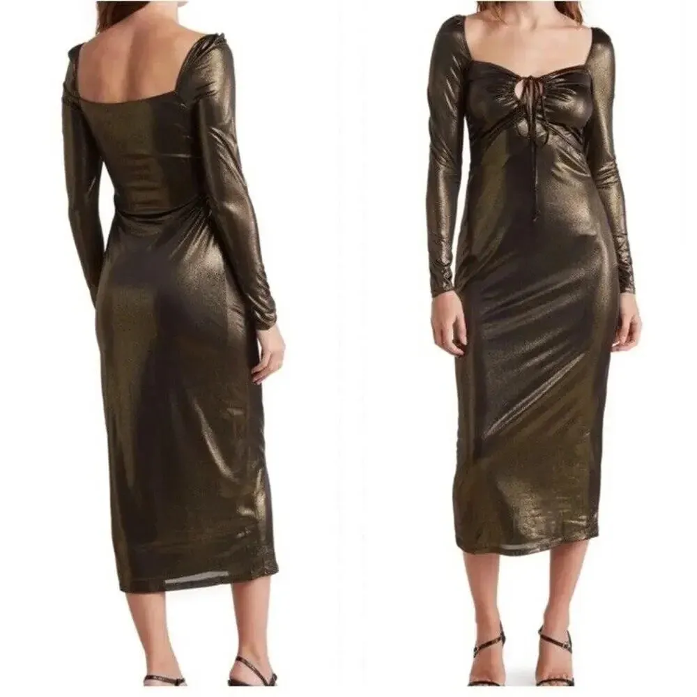 NSR Long Sleeves Metallic Midi Dress Gold Bronze Cut Out Cocktail‎ Size Medium - Image 2