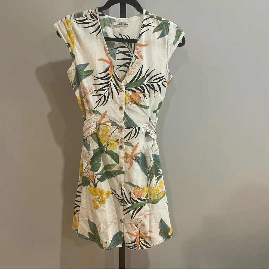 Dex Tropical Floral Palm Leaf Print Belted Shirt Midi Dress Linen Size Small Green - Image 2