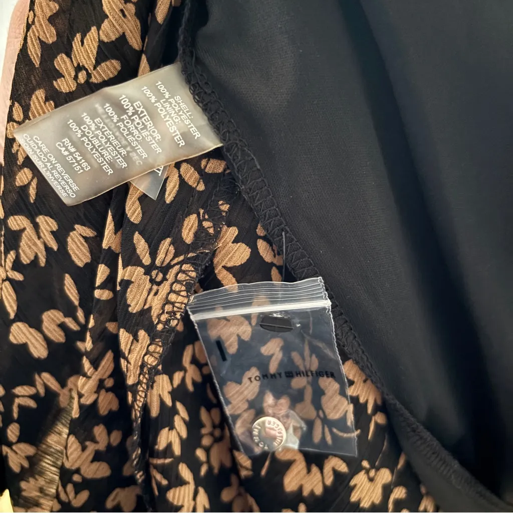 Tommy Hilfiger Crossover Hem Black Tan Floral Midi Dress Sheer Chiffon Size 8 - Image 10