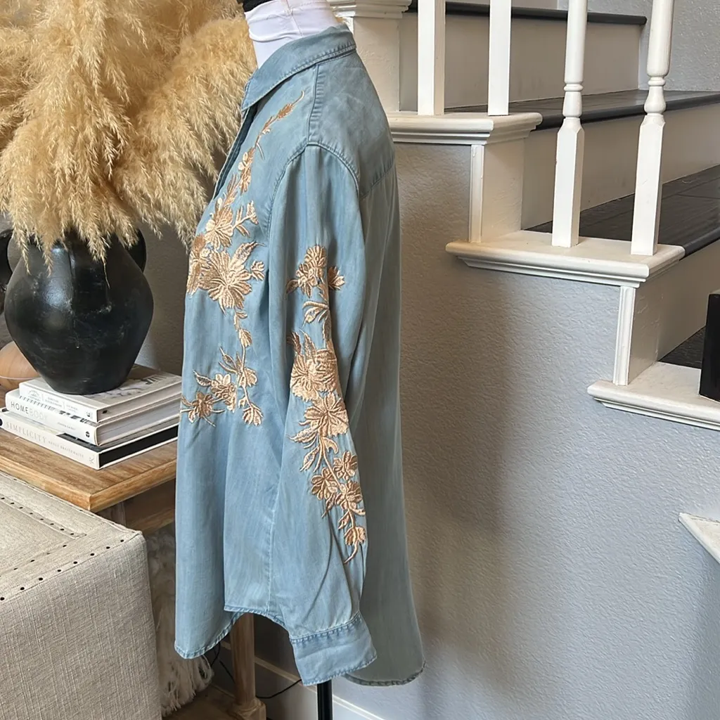 Zara Embroidered Denim Gold Floral Ling Sleeve Shirt Top Size XS - Image 4