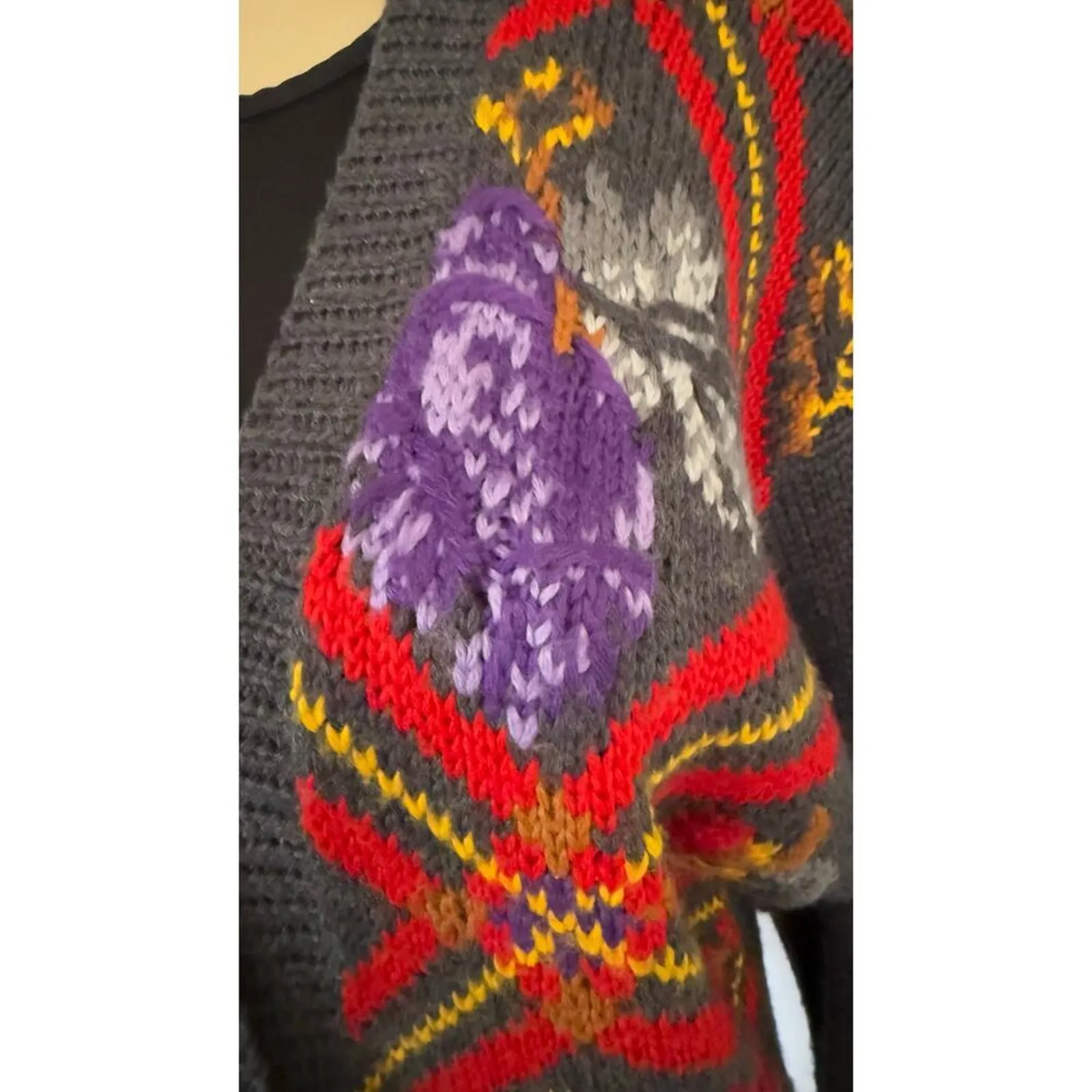 Vintage SK & Company Wool Blend Floral Duster Cardigan Sweater L Boho 80s Gray Size L - Image 9