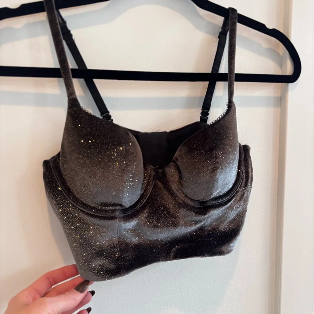 Victoria's Secret Grey Velvet Sparkly Y2K Lined Demi Bra Size 34B Shaping Boning - Image 2