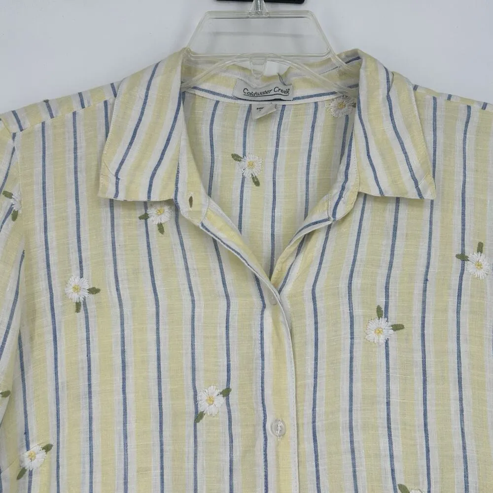 Coldwater Creek Linen Shirt Yellow Stripe Floral Embroidered Cottage Size M - Image 2